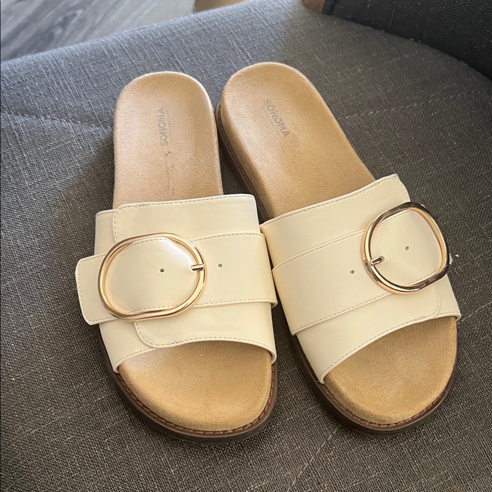 Sonoma Cream Slide Sandals with Gold Round Buckles